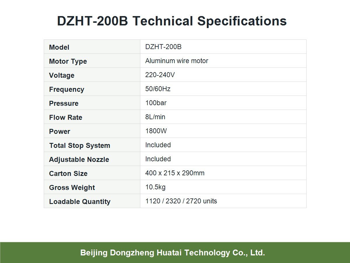 technical specifications of DZHT-200B pressure washer