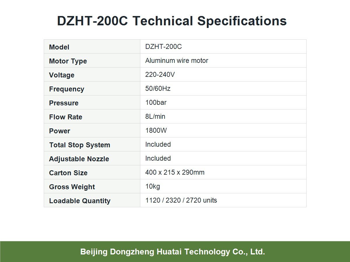 technical specifications of DZHT-200C pressure washer