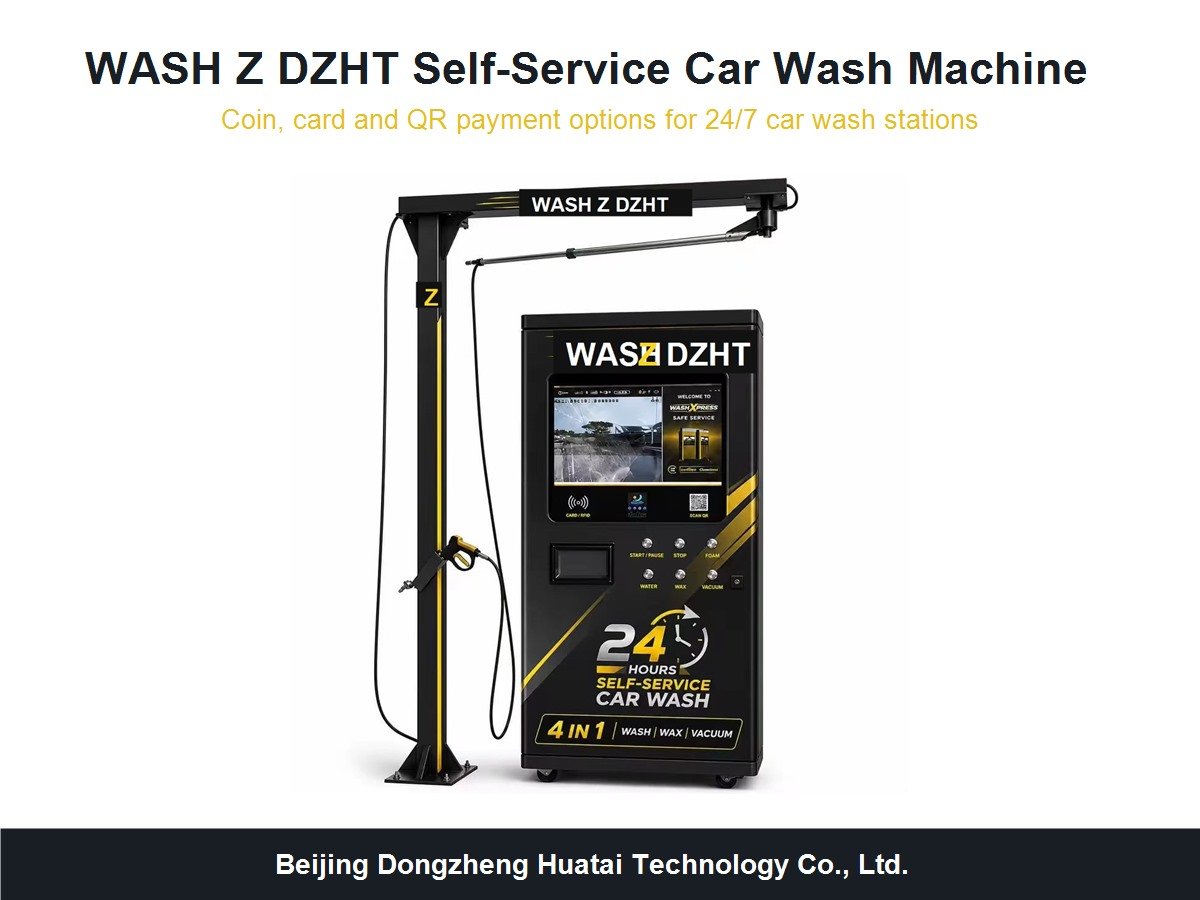 24/7 self-service car wash station with payment terminal and high pressure water gun