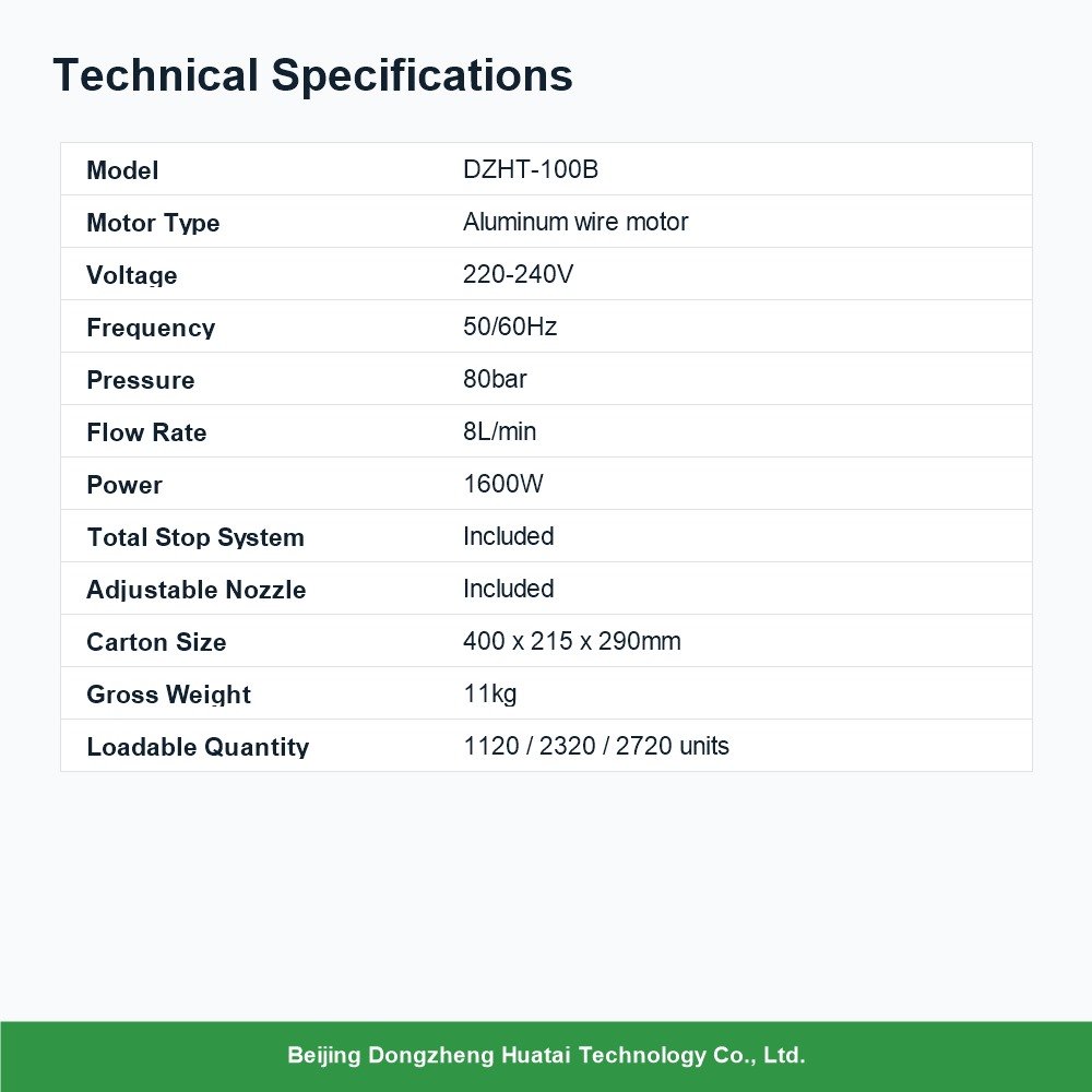 technical specifications of DZHT-100B pressure washer